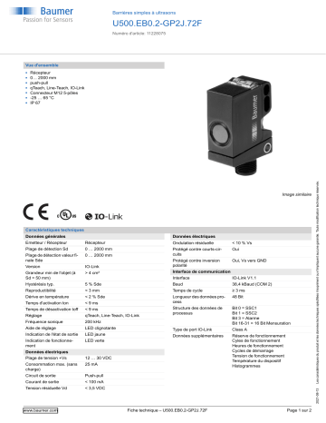 Baumer U500.EB0.2-GP2J.72F Ultrasonic through beam sensor Fiche technique | Fixfr