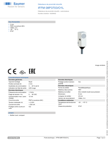 Baumer IFFM 08P3703/O1L Inductive proximity switch Fiche technique | Fixfr