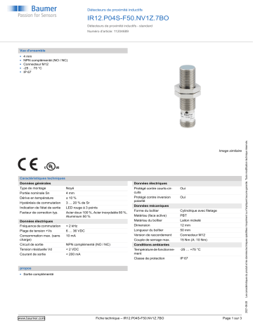 Baumer IR12.P04S-F50.NV1Z.7BO Inductive proximity switch Fiche technique | Fixfr