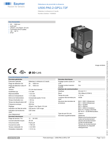 Baumer U500.PA0.2-GP2J.72F Ultrasonic proximity sensor Fiche technique | Fixfr