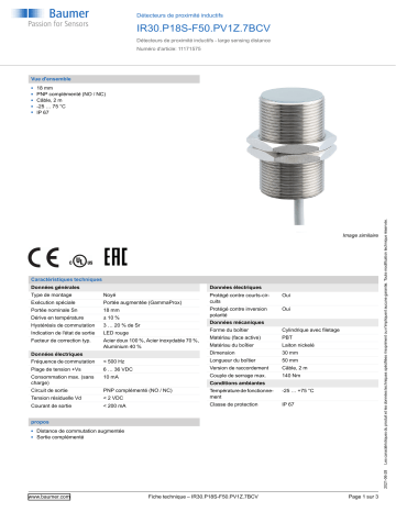 Baumer IR30.P18S-F50.PV1Z.7BCV Inductive proximity switch Fiche technique | Fixfr