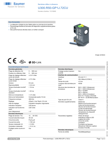 Baumer U300.R50-GP1J.72CU Ultrasonic retro-reflective sensor Fiche technique | Fixfr