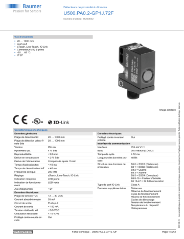 Baumer U500.PA0.2-GP1J.72F Ultrasonic proximity sensor Fiche technique | Fixfr