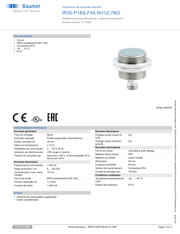 Baumer IR30.P18S-F45.NV1Z.7BO Inductive proximity switch Fiche technique | Fixfr