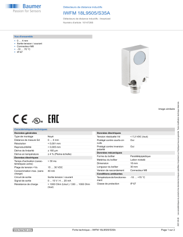 Baumer IWFM 18L9505/S35A Inductive distance sensor Fiche technique | Fixfr