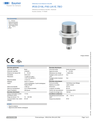 Baumer IR30.D18L-F60.UA1E.7BO Inductive distance sensor Fiche technique | Fixfr