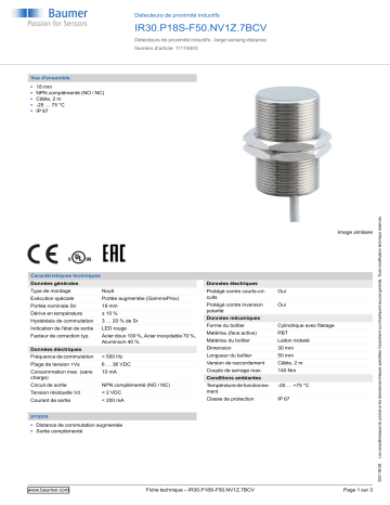 Baumer IR30.P18S-F50.NV1Z.7BCV Inductive proximity switch Fiche technique | Fixfr