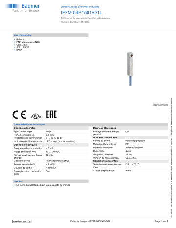 Baumer IFFM 04P1501/O1L Inductive proximity switch Fiche technique | Fixfr