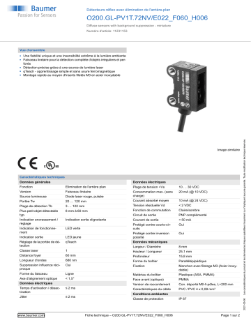 Baumer O200.GL-PV1T.72NV/E022_F060_H006 Diffuse sensor Fiche technique | Fixfr