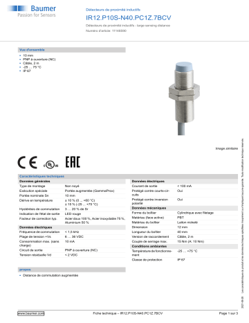 Baumer IR12.P10S-N40.PC1Z.7BCV Inductive proximity switch Fiche technique | Fixfr