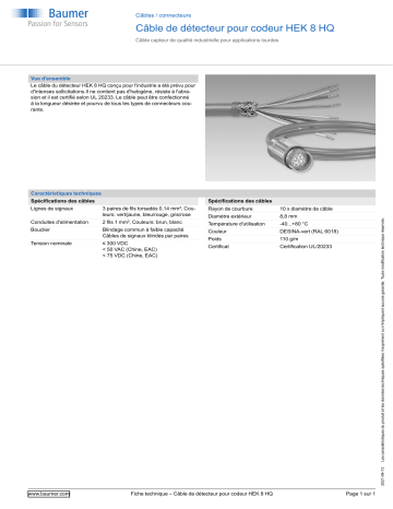 Baumer Sensor cable for encoders HEK 8 HQ Cables / connector Fiche technique | Fixfr