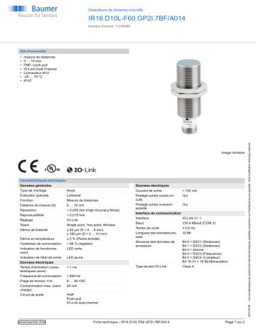 Baumer IR18.D10L-F60.GP2I.7BF/A014 Inductive distance sensor Fiche technique | Fixfr