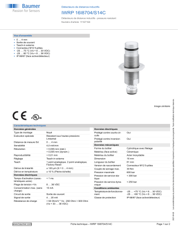 Baumer IWRP 16I8704/S14C Inductive distance sensor Fiche technique | Fixfr