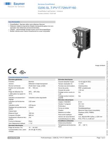 Baumer O200.SL.T-PV1T.72NV/F160 SmartReflect Light barrier Fiche technique | Fixfr