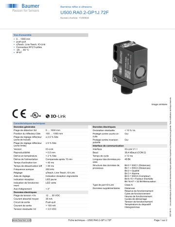 Baumer U500.RA0.2-GP1J.72F Ultrasonic retro-reflective sensor Fiche technique | Fixfr