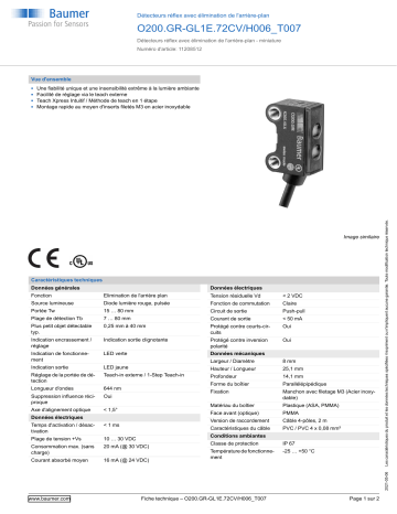 Baumer O200.GR-GL1E.72CV/H006_T007 Diffuse sensor Fiche technique | Fixfr