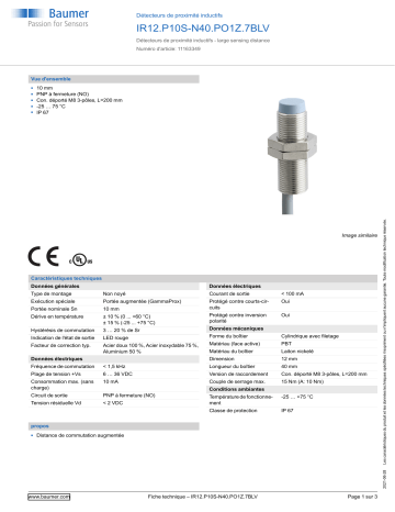 Baumer IR12.P10S-N40.PO1Z.7BLV Inductive proximity switch Fiche technique | Fixfr