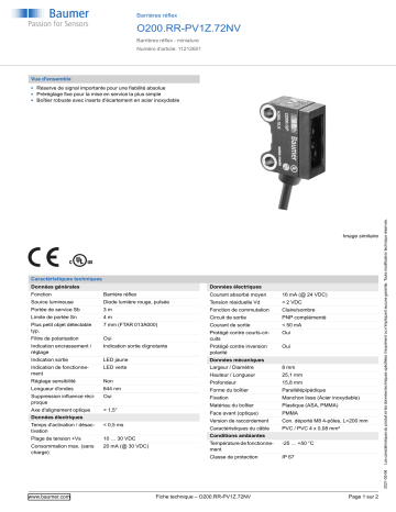 Baumer O200.RR-PV1Z.72NV Retro-reflective sensor Fiche technique | Fixfr