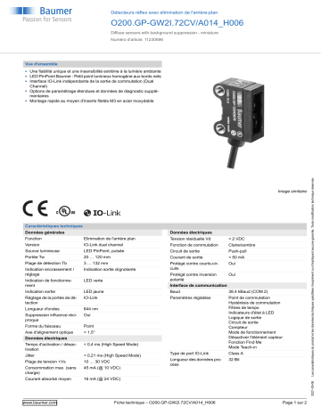 Baumer O200.GP-GW2I.72CV/A014_H006 Diffuse sensor Fiche technique | Fixfr