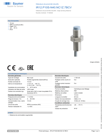 Baumer IR12.P10S-N40.NC1Z.7BCV Inductive proximity switch Fiche technique | Fixfr