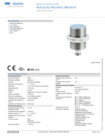 Baumer IR30.D18L-F60.GP2I.7BF/A014 Inductive distance sensor Fiche technique | Fixfr