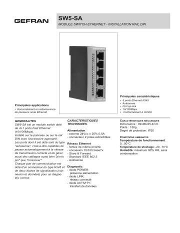 gefran SW5-SA Stand alone switch Ethernet Mmdule - DIN rail mounting Fiche technique | Fixfr