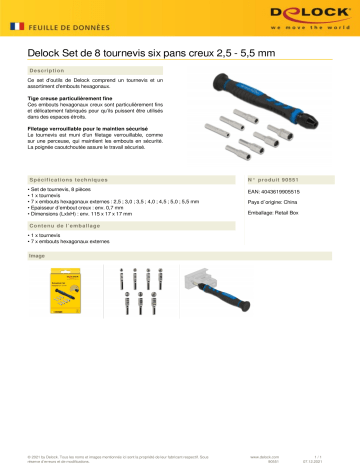 DeLOCK 90551 Screwdriver Set 8 pieces external hexagonal hollow shaft 2.5 - 5.5 mm Fiche technique | Fixfr