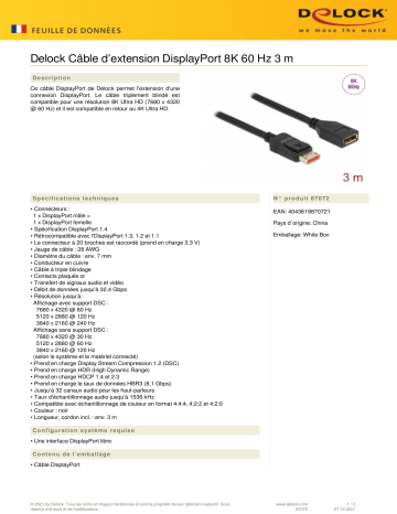 DeLOCK 87072 DisplayPort extension cable 8K 60 Hz 3 m Fiche technique | Fixfr