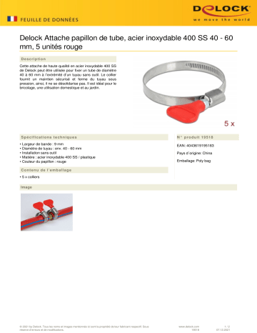 DeLOCK 19518 Butterfly Hose Clamp stainless steel 400 SS 40 - 60 mm 5 pieces red Fiche technique | Fixfr