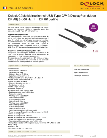 DeLOCK 86038 Bidirectional USB Type-C™ to DisplayPort Cable (DP Alt Mode) 8K 60 Hz 1 m DP 8K certified Fiche technique | Fixfr