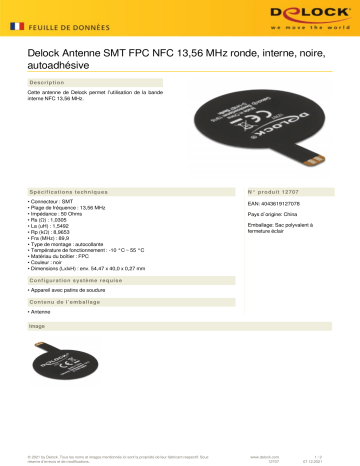 DeLOCK 12707 NFC 13.56 MHz Antenna SMT FPC round internal black self-adhesive  Fiche technique | Fixfr