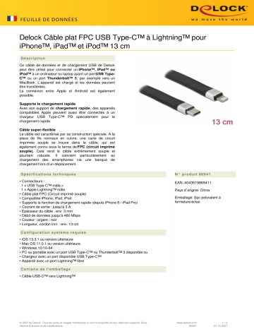 DeLOCK 86941 FPC Flat Ribbon Cable USB Type-C™ to Lightning™ for iPhone™, iPad™ and iPod™ 13 cm Fiche technique | Fixfr