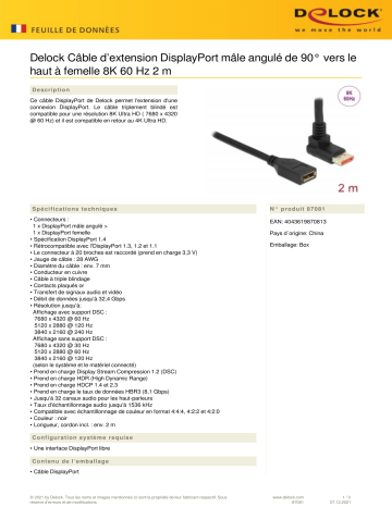 DeLOCK 87081 DisplayPort extension cable male 90° upwards angled to female 8K 60 Hz 2 m Fiche technique | Fixfr
