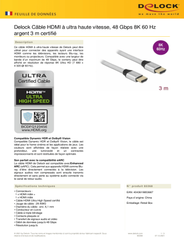 DeLOCK 85368 Ultra High Speed HDMI Cable 48 Gbps 8K 60 Hz silver 3 m certified Fiche technique | Fixfr
