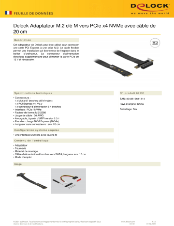 DeLOCK 64131 M.2 Key M to PCIe x4 NVMe Adapter Fiche technique | Fixfr
