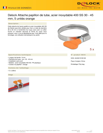 DeLOCK 19516 Butterfly Hose Clamp stainless steel 400 SS 30 - 45 mm 5 pieces orange Fiche technique | Fixfr