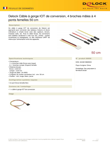 DeLOCK 86950 Conversion IOT Grove Cable 4 x pin male to 4 x Jumper female 50 cm Fiche technique | Fixfr