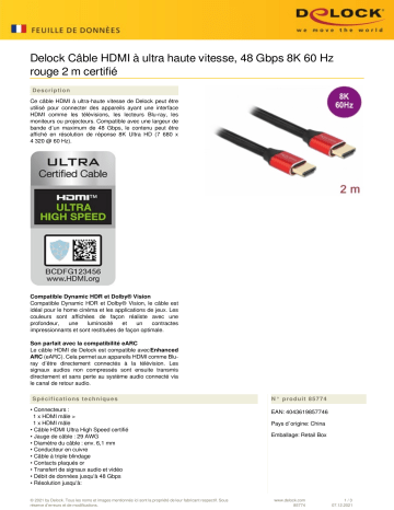 DeLOCK 85774 Ultra High Speed HDMI Cable 48 Gbps 8K 60 Hz red 2 m certified Fiche technique | Fixfr