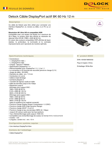 DeLOCK 85503 Active DisplayPort Cable 8K 60 Hz 12 m Fiche technique | Fixfr