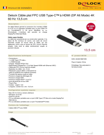 DeLOCK 86729 FPC Flat Ribbon Cable USB Type-C™ to HDMI (DP Alt Mode) 4K 60 Hz 13.5 cm Fiche technique | Fixfr