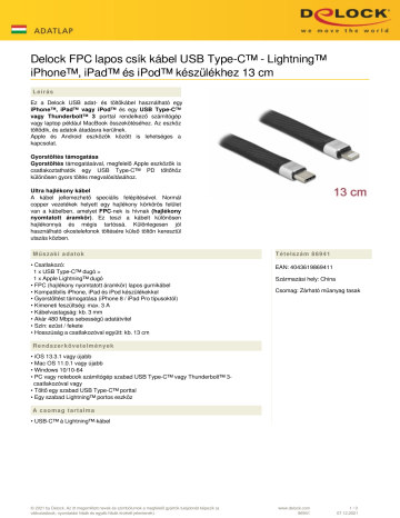 DeLOCK 86941 FPC Flat Ribbon Cable USB Type-C™ to Lightning™ for iPhone™, iPad™ and iPod™ 13 cm Fiche technique | Fixfr