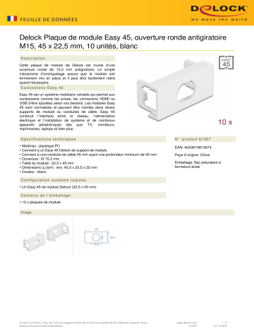 DeLOCK 81367 Easy 45 Module Plate Round cut-out M15 Anti-twist, 45 x 22.5 mm 10 pieces white Fiche technique | Fixfr