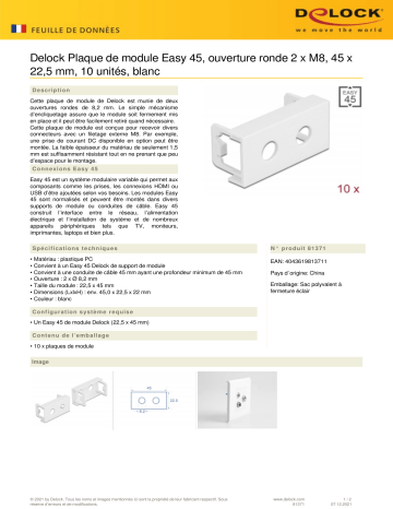 DeLOCK 81371 Easy 45 Module Plate Round cut-out 2 x M8, 45 x 22.5 mm 10 pieces white Fiche technique | Fixfr