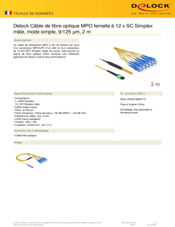 DeLOCK 84871 Optical Fiber Cable MPO female to 12 x SC Simplex male, Single-mode, 9/125 µm, 2 m Fiche technique | Fixfr