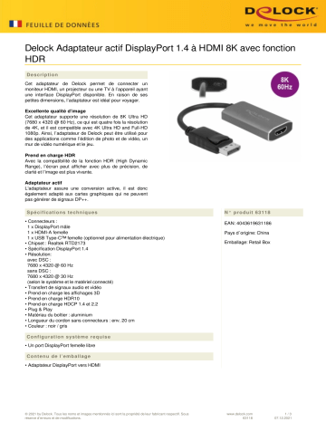 DeLOCK 63118 Active DisplayPort 1.4 to HDMI Adapter 8K Fiche technique | Fixfr