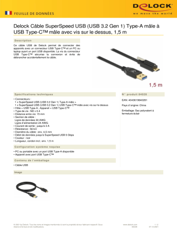 DeLOCK 84028 SuperSpeed USB (USB 3.2 Gen 1) Cable Type-A male to USB Type-C™ male Fiche technique | Fixfr