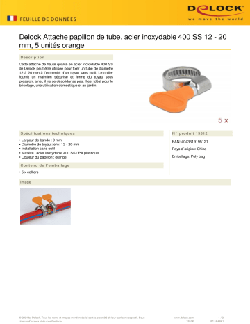 DeLOCK 19512 Butterfly Hose Clamp stainless steel 400 SS 12 - 20 mm 5 pieces orange Fiche technique | Fixfr