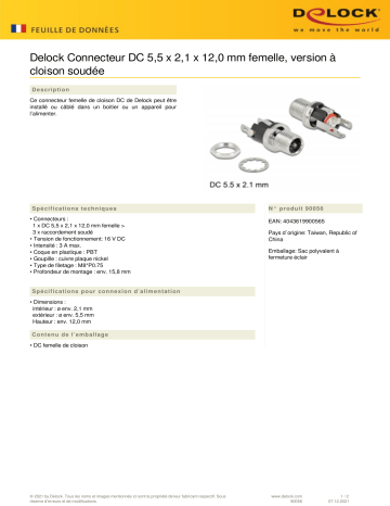 DeLOCK 90056 Connector DC 5.5 x 2.1 x 12.0 mm female bulkhead soldering version Fiche technique | Fixfr