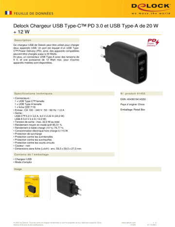 DeLOCK 41455 USB Charger USB Type-C™ PD 3.0 and USB Type-A Fiche technique | Fixfr