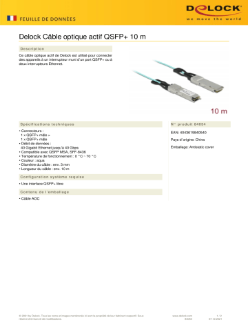 DeLOCK 84054 Active Optical Cable QSFP+ 10 m Fiche technique | Fixfr